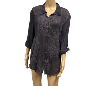 XCVI Button Up Embroidered Long Roll Tab Sleeve Charcoal Sheer Viscose Blouse L